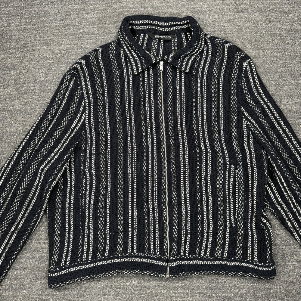 Zara Open Knit Jacket Men XL Navy Pockets Bomber Retro Boxy Fit Full ZIp Commute